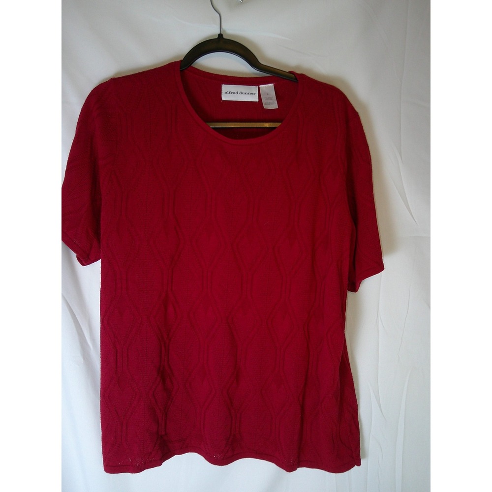 Alfred Dunner Womens Large Red Short Sleeve Textured Diamond Knit Crew Neck Top